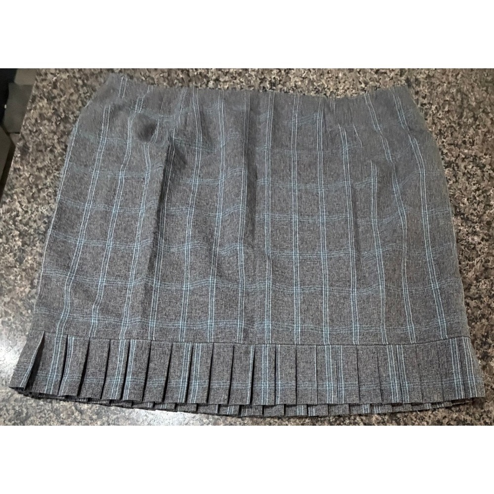 Grey Blue Plaid Pleated‎ Hem Knee Length Skirt Plus Size 24W Windowpane Check